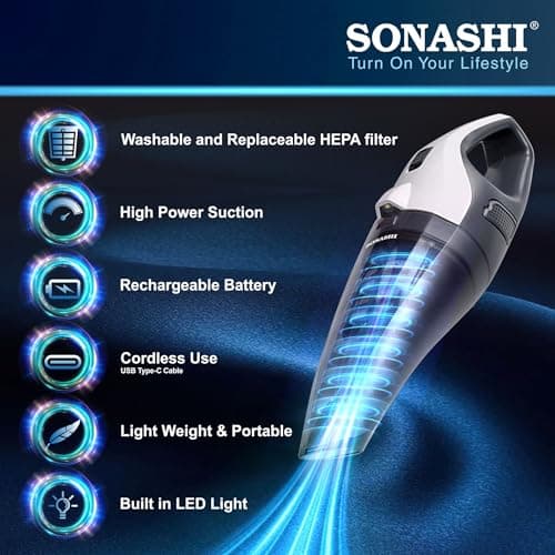Sonashi Handheld Wet Dry Vacuum Cleaner 6000PA Suction, Dual HEPA Filters, Quick USB Charging - Portable for Automobile and Home Cleaning LED Light Portable Vacuum Cordless