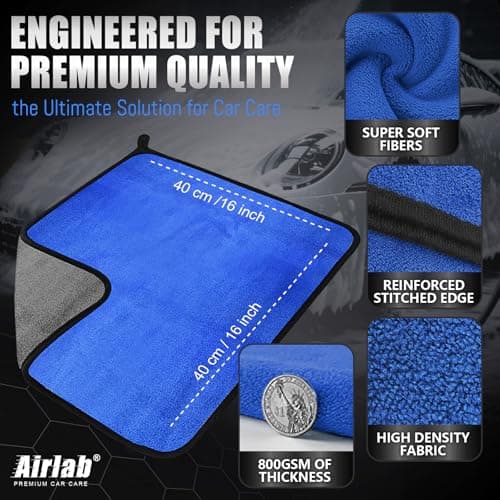 Airlab Microfiber Towels for Cars Wash Drying Thick Plush Cleaning Cloth Auto Detailing Super Absorbent for Interior & Exterior Lint Free, Streak Free, 16" X 16", 800 GSM, Pack of 4