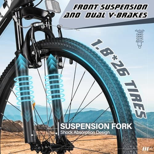 Betterland 26 Inch Mountain Bike, 7-Speed Adult Bike with Dual V Brakes, Outdoor Cycling Bike with High Carbon Steel Frame and Front Suspension, Adjustable Ergonomic Seat for Bicycle