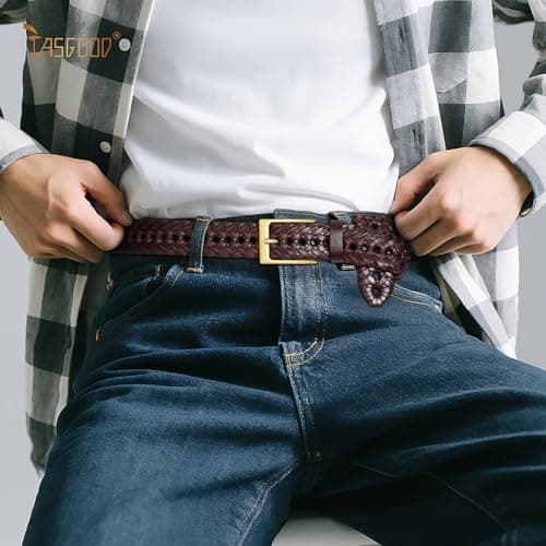 JASGOOD Men's Braided Leather Belt, Braided Woven Belt for Men Casual Jeans with Solid Strap Single Prong Buckle