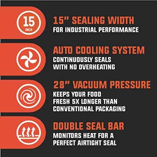 15” Commercial Grade Vacuum Sealer – User Friendly for Food Preservation & Sous Vide, 28” Vacuum Pressure – Features Auto Cooling System, Smart Heat Technology, Built-In Vacuum Bag Storage