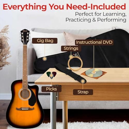 Fender FA-125CE Dreadnought Cutaway Acoustic-Electric Guitar - Sunburst Bundle with Gig Bag, Strap, Strings, Picks, and Austin Bazaar Instructional DVD