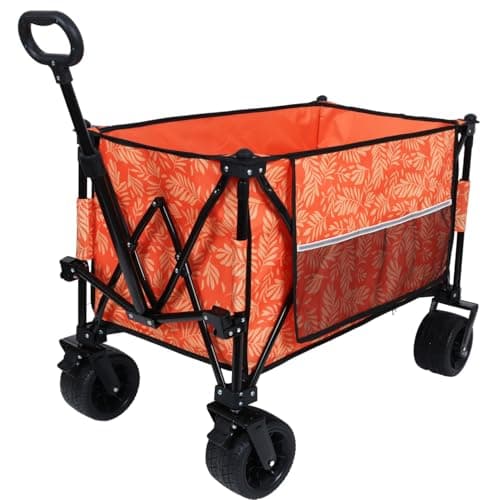 480Lbs Collapsible Wagon with Canopy, 7" All-Terrain Wheels, Orange Steel Push or Pull Versatility Camping, Shopping, Sports, Garden Stylish Design