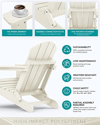 SERWALL Folding Adirondack Chair Set of 2, All Weather Patio Chair with Wood Texture, Fire Pit Chairs for Outdoor - White
