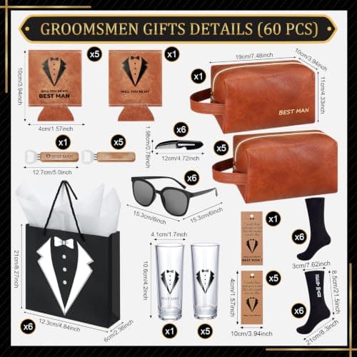 60Pcs Groomsmen Gifts Groomsmen Proposal Box with Shot Glasses Socks Sunglasses PU Leather Toiletry Bag Bottle Opener Can Cooler Groomsman Gifts for Wedding Groomsmen Best Man Gift (60, Brown)