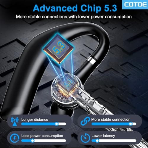 COTOE Bluetooth Headset V5.3, Wireless Earpiece with 500mAh Charging Case Hand-Free Headphones Noise Canceling Mic for Office/Driving/Business,Black