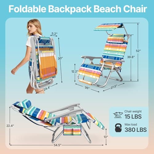 Suteck Zero Gravity Beach Chair with Canopy, Backpack Beach Chairs for Adults, Lightweight Adjustable Reclining Beach Chair with Shade, Folding Lay Flat Chair for Beach Poolside Outdoor