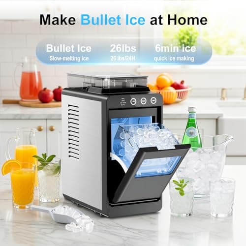 Kismile Countertop Ice Maker, Portable Ice Maker Machine 26lbs/24H, Dual Water Tank Design, Small & Large Bullet Ice, Self-Cleaning, Internal Lighting for Home Kitchen, Office & RV