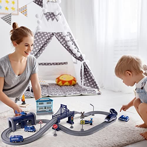 Train Sets for Toddlers, 66 Pcs Trains Toy with Battery Operated & Tracks (Magnetic Connection), Compatible with Thomas, Brio, Christmas Toy Gifts for 3 4 5 6 7 8 Years Old (Police)