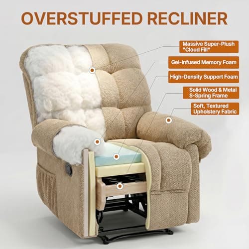 Comfy Recliner Chair for Elderly Seniors Adults, Overstuffed Manual Recliner, Ergonomic Back Pain Relief w/Pockets, Reading Apt Bedroom Living Room, Birthday Gift, Camel