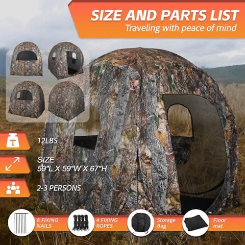 FUNHORUN Hunting Blind 360 Degree See Through with Floor Mat, 2/3 Person Ground Blind, Quick Set Pop Up Tent, Spring Steel Camouflage Tent for Deer and Turkey
