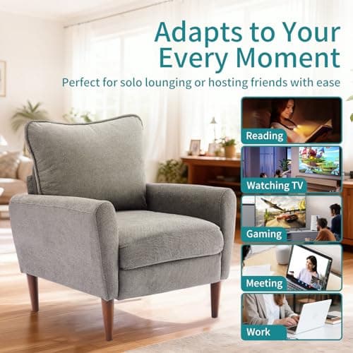 OLIXIS Comfy Accent Chair for Living Room Bedroom and Waiting Room, Upholstered Mid-Century Reading Chair with Pillow and Solid Wood Legs, Wide Singe Modern Lounge Sofa (Gray)