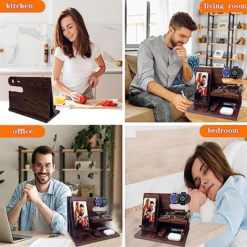 Gifts for Men Women Brother Boss Boyfriend Him Nightstand Organizer Gifts for Dad from Daughter Son Wood Phone Docking Station (Dark Brown)