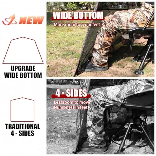 Wide Bottom Hunting Blind 1-3 Person with Portable Chair, 270 Degree See Through Pop up Ground Blinds for Deer Turkey Duck Hunting, Bow Hunting Adjust Windows with Silent Zipper