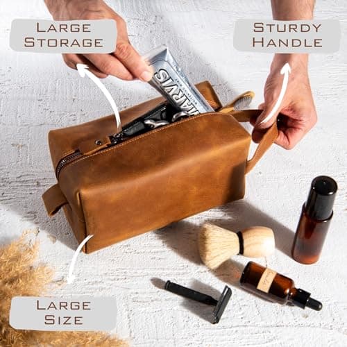 Personalized Leather Toiletry Bag for Men – Custom Engraved Shaving Dopp Kit with Name or Initial, Travel Gift for Groomsmen, Husband, Dad, Boyfriend, Birthday, Christmas, Anniversary, Gifts for Men