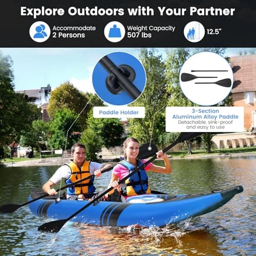 GYMAX Inflatable Kayak, 12.5Ft 507lbs Tandem Kayak with 2 Aluminum Paddles, 2 Padded Seats, Footrests, 2 Fins, Hand Pump, Carry Bag & Repair Kit, 2 Person Fishing Touring Kayak for Adults