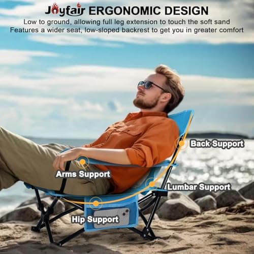 Joyfair Beach Camping Chair (2 Pack), Outdoor Folding Lawn Chair for Adult, Heavy Duty Portable Chair with Armrest for Outside Fishing, Sport, Cup Holder & Storage Pocket, Carry Bag (Blue, Classic)