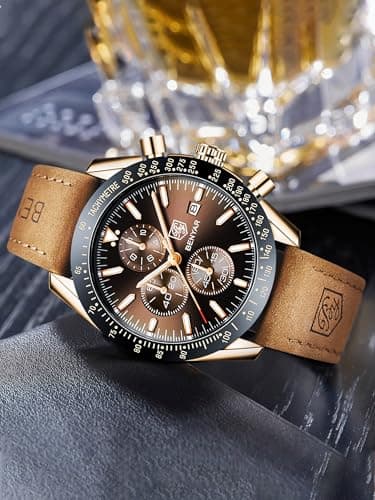 BENYAR Mens Watches Quartz Movement Chronograph Leather Strap Fashion Business Sport Design 30M Waterproof Scratch Resistant Elegant Gifts for Men
