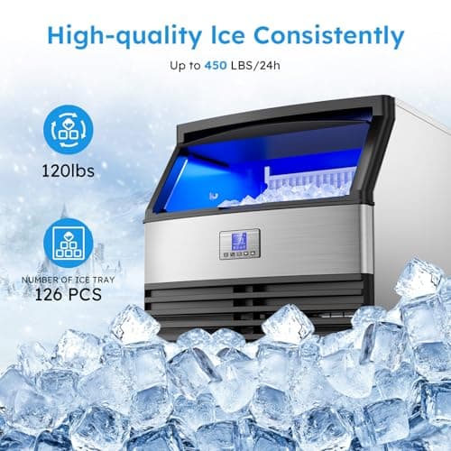 Commercial Ice Maker Machine 450LBS/24H, Under Counter Ice Machine, Upgrade Compressor 120LBS Storage Bin, Stainless Freestanding Commercial Ice Maker for Home Bar Cafe Office,Silver