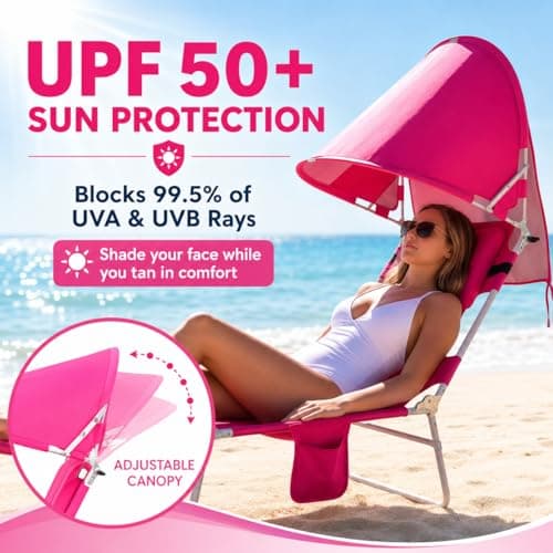 Backpack Beach Tanning Lounge Chair with Canopy Shade Face Hole Padded Adjustable Washable, 6 Position Layout Chair for Outside Sunbathing Poolside Lawn, UPF 50+ Wind-Resistant Sun Shade, Patented