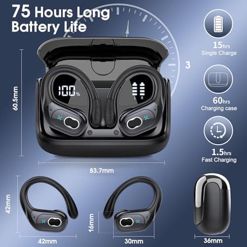 Wireless Earbuds 75hrs Bluetooth 5.4 Headphone Sport, 2025 Bluetooth Earbuds Stereo Deep Bass Over Ear Bud with Earhooks, ENC Noise Cancelling Mic, IPX7 Waterproof Earphone for Workout/Running