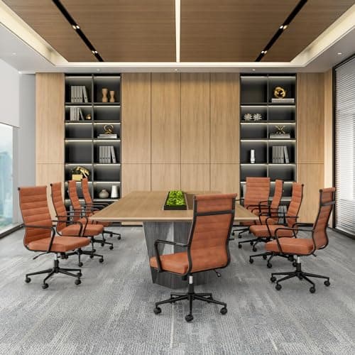Okeysen Leather Office Desk Chair, Mid-Century Modern Leather Conference Room Chairs, Ergonomic Executive Ribbed Height Adjustable Swivel Rolling Chair for Home Office.