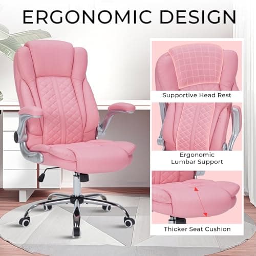 400lbs Executive Office Chair with Flip-Up Armrests, Big and Tall Computer Chair for Heavy People, Heavy Duty Ergonomic Comfy Chair, Breathable PU Leather (Pink)