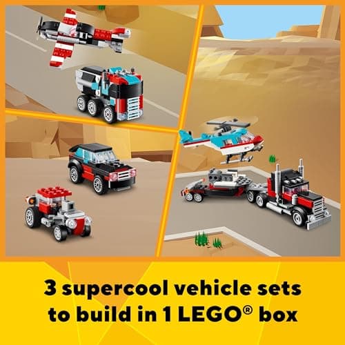 LEGO Creator 3 in 1 Flatbed Truck with Helicopter Toy, Transforms from Flatbed Truck Toy to Propeller Plane to Hot Rod and SUV Cars, Gift Idea for Boys and Girls Ages 7 Years Old and Up, 31146 B0CGY4J7QT