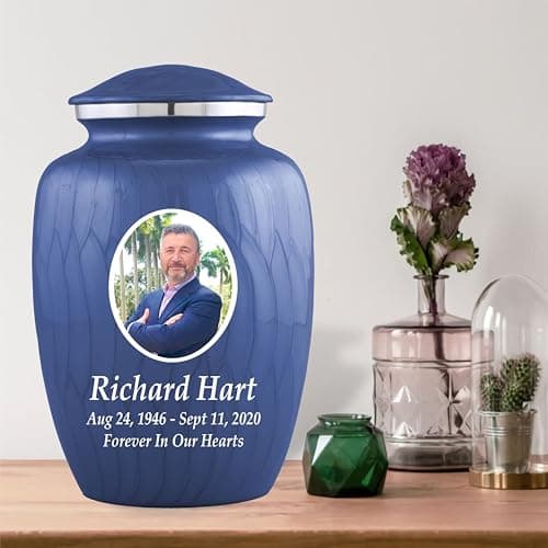 Personalized Photo Cremation Urns for Human Ashes Male Female - 200lbs Custom Photo Burial Urns for Human Ashes - Engraved Handcrafted Funeral Decorative Urns for Adult with Velvet Bag, Blue Enamel B0GLQXZC36