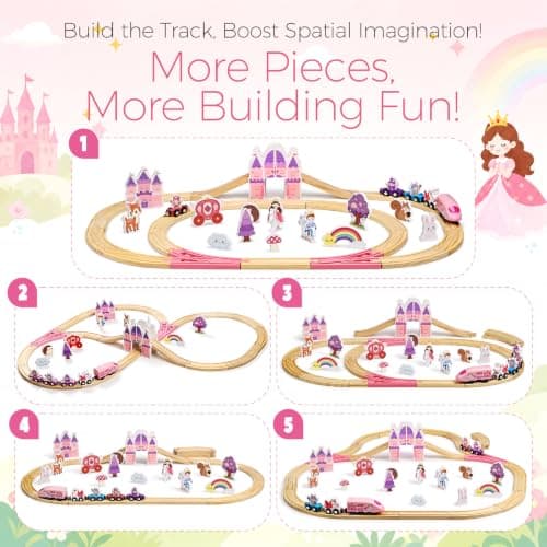 Pink Train Track Set Fairy Theme with Multiple Layouts, Birthday Gift Toys for Girls 3 4 5 6 Year Old Wooden Train Set Electric, 50 PCS Unicorn Princess Wood Track for Girls B0HDSGBW7S