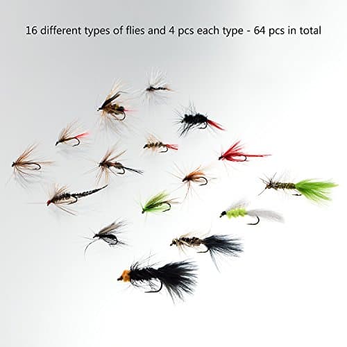 BASSDASH Fly Fishing Assorted Flies Kit, Pack of 64 pcs Including Dry and Wet Flies, Nymphs, Streamers, Terrestrials, Leeches and More, with Magnetic Fly Box