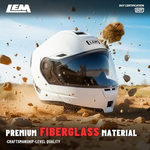 LEM Modular Motorcycle Helmets Fiberglass, Full Face Motorcycle Helmet Flip Up for Touring, DOT Certified, Release Sun Visor & Removable Comfort Liner, Lightweight Street Bike Helmet (White, M)