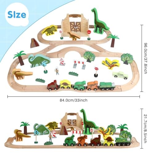 Wooden Train Set, Dinosaur Toys for Kids 3-5, Compatible with Major Brands, STEM Railway Playset, Ideal Wooden Train Track Set for 3 4 5 6 7 8 Year Old Kids Boy Girl