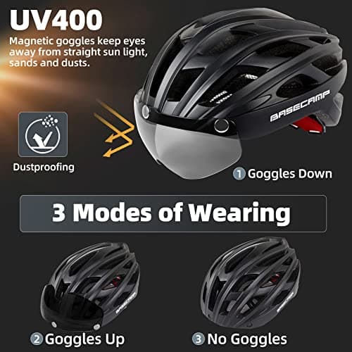 Bike Helmet, Basecamp Bicycle Helmet with Rear Light & Detachable Magnetic Goggles Lightweight Cycling Helmet Adjustable for Adult Men Women Mountain & Road (BC-069)