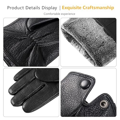 QOF Winter Genuine Leather Gloves for Men, Cashmere Warm Lined Finger Touchscreen Texting Driving Gloves