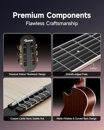 Rosen V1 Hybrid Acoustic Guitar for Beginners Adults Patented Body with Solid Spruce Top & Soft Touch Strings Thin Neck & Open Pore Matte 40 Inch,Black