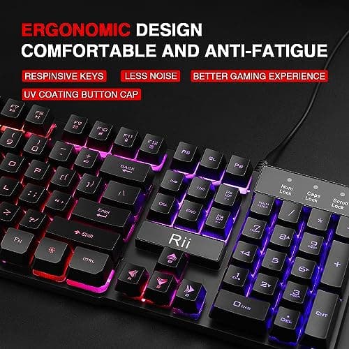 Rii RK100+ Multiple Color Rainbow LED Backlit Large Size USB Wired Mechanical Feeling Multimedia PC Gaming Keyboard,Office Keyboard for Working or Primer Gaming,Office Device