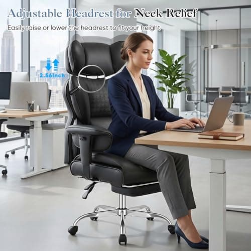 DUMOS Big and Tall Home Office Desk Chair, Gaming Computer Chair, Executive Ergonomic Chair with Footrest, High Back Reclining, Adjustable Armrests and Comfy Lumbar Support, PU Leather, Black