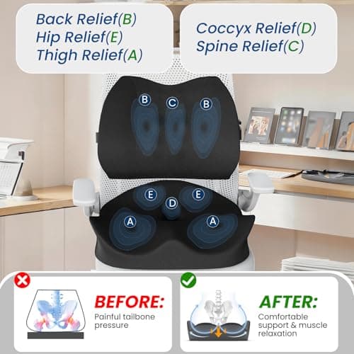 Seat Cushion Lumbar Support Pillow for Office Chair, X Large Memory Foam Chair Cushions for Sciatica Tailbone Pain Relief Coccyx Pad for Wheelchair, Car, Home, Office, Desk