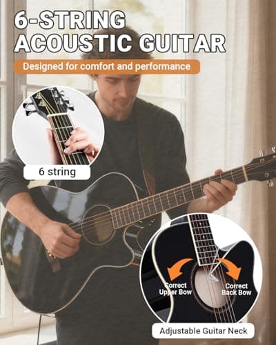 41" Acoustic Guitar for Beginners Adult Full Size Cutaway Guitarra Acustica Bundle with Gig Bag, Tuner, Strap, Strings, Picks,Capo, Black