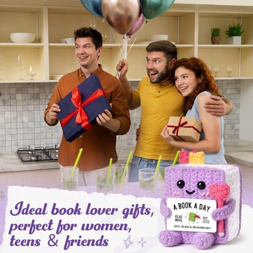 Funny Book-Themed Birthday Book Club Bookish Gifts for Reader, Librarian, Bookworm, Desk Decor, Handmade Book Lovers Gifts for Women, Girl, Book-Shaped Positive Support Crochet B0GL26L547