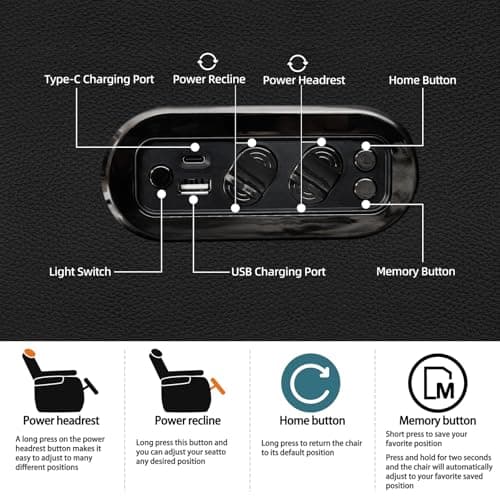 comfiroom Leather Home Theater Seating, Classic Series Game Seats Movie Theater Chairs Recliner Sofa with Type-C USB Charger Port, Bedroom Sofa Chair for Living Room (Black, Row of 1)