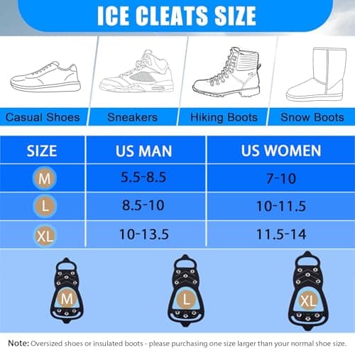 HQcontL 2 Pairs Ice Cleats for Shoes and Boots, Universal Non Slip Hiking Spikes, Micro Shoe Spikes for Snow and Ice, Durable Snow Crampons for Winter Hiking Climbing Ice Fishing, 8 Steel Studs Gripper Spike