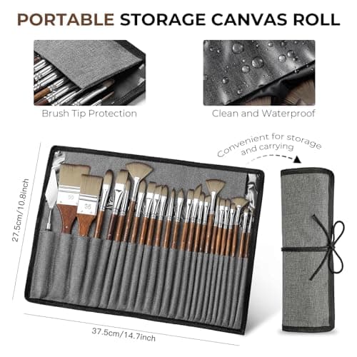 Fuumuui 25pcs Paint Brush Set, Professional 9 Shapes with Wide Flat, Filbert, Fan, Dagger, Cat Tongue, Round, Angle, Rigger for Acrylic Oil Watercolor | Includes Palette Knife & Waterproof Canvas Roll B0CCHK9L7G