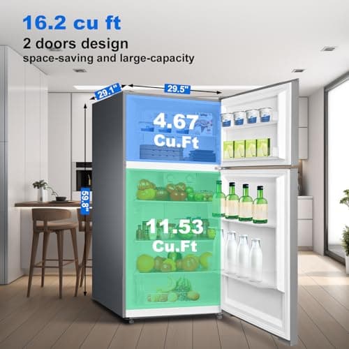 SMETA 30'' Top Mount Refrigerator with Freezer, 16.2 Cu. Ft. Stainless Steel 2-Door Counter Depth Fridge, Energy Saving, Ice Maker Ready, Reversible Door, Frost Free, Ideal for Garage & Office
