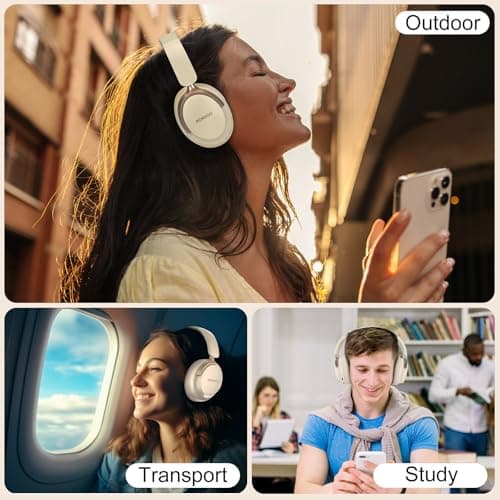 RORSOU B8 Bluetooth Headphones Over Ear, 6 EQ Music Modes and 50H Playtime Deep Bass Wireless Headphones with Mic, Lightweight Folding HiFi Stereo Headset for iPad/Travel/Tablet/PC/Home Beige White