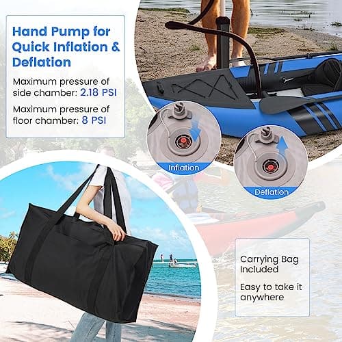 GYMAX Inflatable Kayak, 12.5Ft 507lbs Tandem Kayak with 2 Aluminum Paddles, 2 Padded Seats, Footrests, 2 Fins, Hand Pump, Carry Bag & Repair Kit, 2 Person Fishing Touring Kayak for Adults