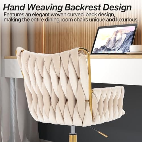 KCC Modern Velvet Home Office Desk Chair with Hand Woven Backrest, Upholstered Adjustable Makeup Vanity Chair with Armrest and Golden Metal Base with Wheels for Living Room Bedroom Study(Beige)