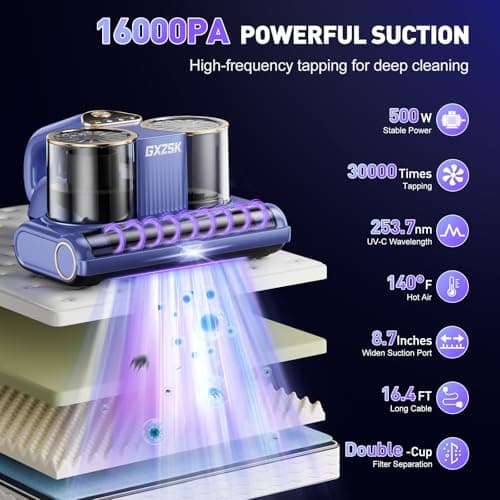 Mattress Vacuum Cleaner, 16kPa Bed Vacuum Cleaner with 253.7nm UV-C Light, Ultrasonic & 140℉ Heating, Dual Cup & Widen Suction Port Handheld Vacuums for Bed, Sofa, Couch, Crib (500W, Corded)