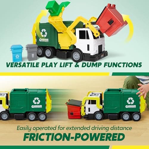 JOYIN Large Friction Powered Garbage Truck Toy Set, Includes 1 Dumpster, 3 Trash Bins, and 30 Learning Cards for Kids, Boy Toys Birthday Gift, Green B095XJDJ8V